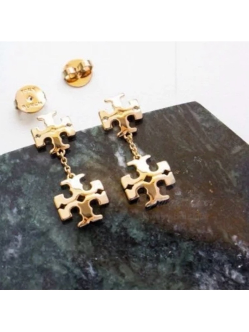 Tory Burch New Gold Double-Logo Drop Earrings